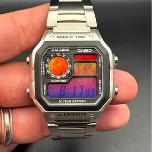 LWS Atlas Red Horizon Custom Casio AE1200 World Time Steel Bracelet Mod Watch
